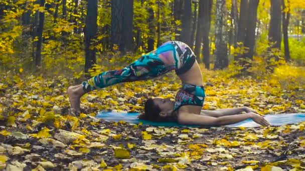 Jovem mulher bonita fazendo exercícios coreográficos no tapete — Vídeo de Stock