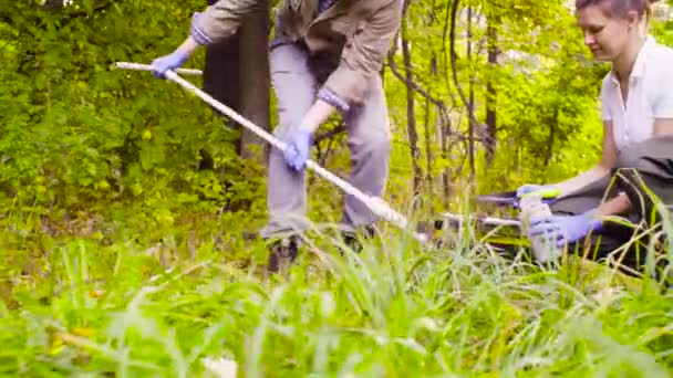 Dos ecologistas obtienen muestras de suelo en el parque de la ciudad — Vídeo de stock