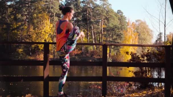 Женщина, делающая хореографические упражнения на мосту в парке — стоковое видео