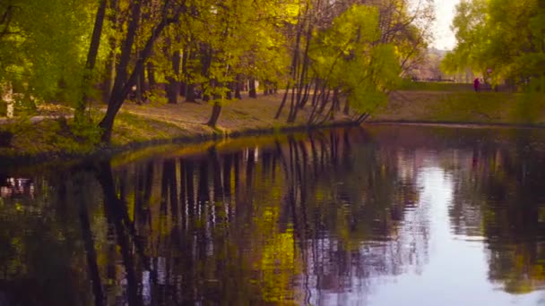 Herfst landschap, meer in het park. Val seizoen — Stockvideo