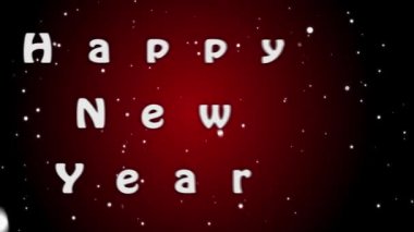 Animasyon Happy New Year, kırmızı zemin üzerine beyaz harfler