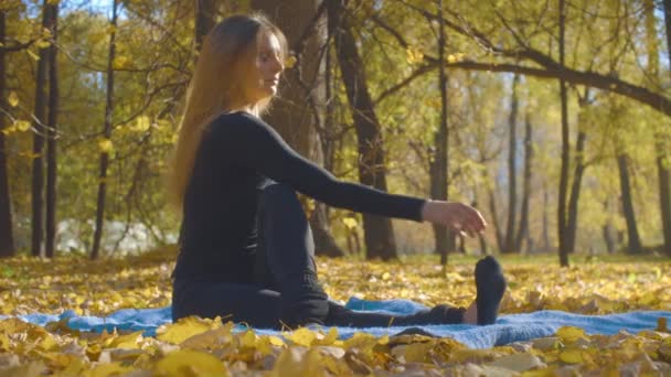 Mujer atractiva joven haciendo ejercicios de yoga en el parque — Vídeos de Stock