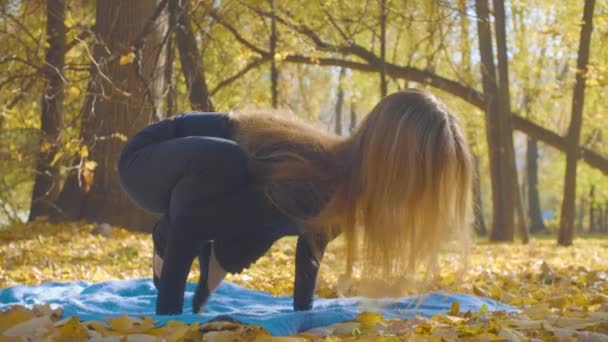 Ung attraktiv kvinna gör yoga exersices i parken — Stockvideo