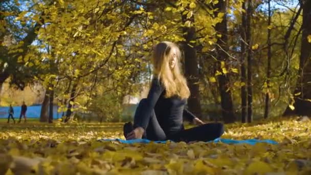 Ung attraktiv kvinna gör yoga exersices i parken — Stockvideo