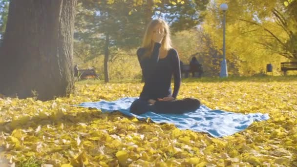 Young attractive woman doing pranayama in the park — Stock Video