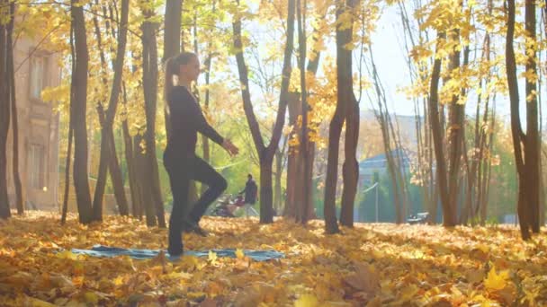 Ung attraktiv kvinna gör pranayama i parken — Stockvideo