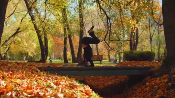Молода приваблива жінка робить йога екзамени в парку — стокове відео