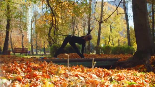 Jonge aantrekkelijke vrouw doen yoga oefeningen in het park — Stockvideo