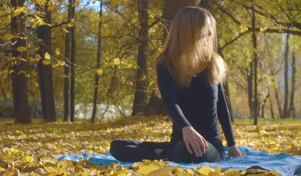 Jeune femme attrayante faisant des exercices de yoga dans le parc — Photo
