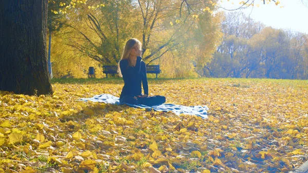 Mujer atractiva joven haciendo ejercicios de yoga en el parque — Foto de Stock