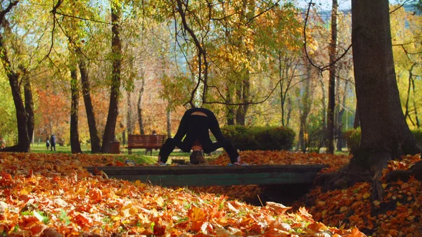 Mujer atractiva joven haciendo ejercicios de yoga en el parque — Foto de Stock