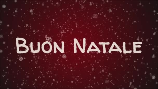 Animatie Buon Natale - Merry Christmas in het Italiaans, vallende sneeuw, rode achtergrond — Stockvideo