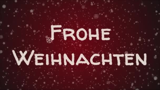 Animación Frohe Weihnachten - Feliz Navidad en alemán, nieve que cae, fondo rojo — Vídeo de stock