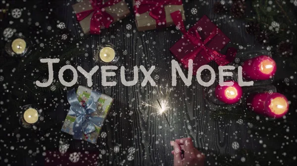 Üdvözlőlap Joyeux Noel, boldog karácsonyt, francia nyelven — Stock Fotó
