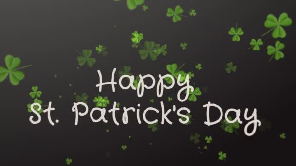 Happy Saint Patricks Day. Dalende klaver vertrekt op zwarte achtergrond — Stockvideo
