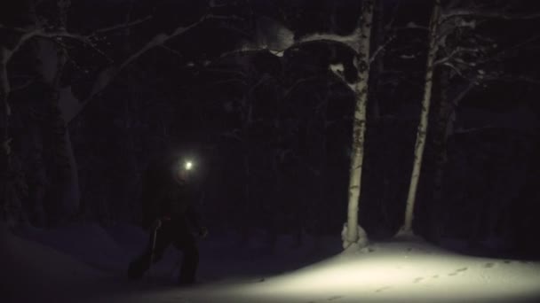 Um homem esquiando em uma floresta nevada noite com uma lanterna — Vídeo de Stock