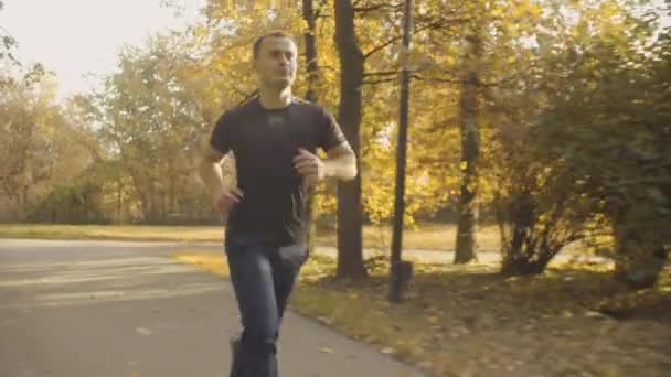 Energiczny człowiek w sportowej biegnącej wzdłuż drogi w parku — Wideo stockowe