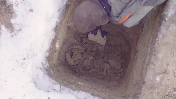 Эколог в лесу копает грунтовую щель — стоковое видео
