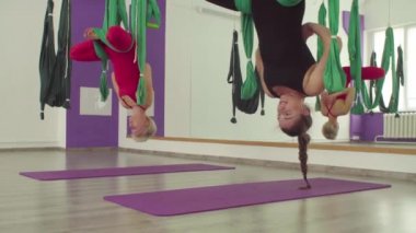 Hava yogası. Hamakların içinde baş aşağı sarkık iki kadın