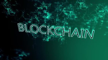 Dijital ağın 3d animasyon. Metin Blockchain