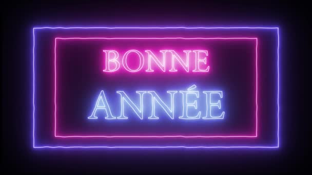 Animation Neon Sign "Bonne Annee"-gott nytt år i franska språket — Stockvideo