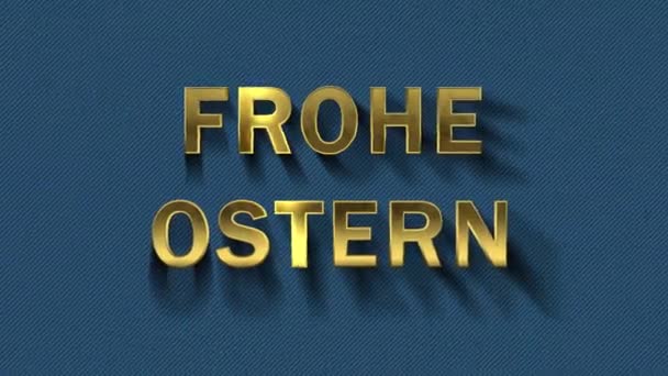 Partículas coloridas se transformam em fundo azul e texto Frohe Ostern — Vídeo de Stock