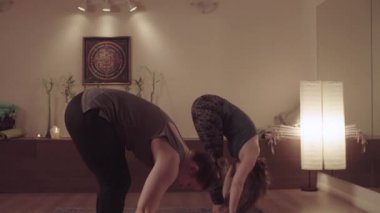 Isınma yoga egzersizleri yapan iki neşeli şişman kadın