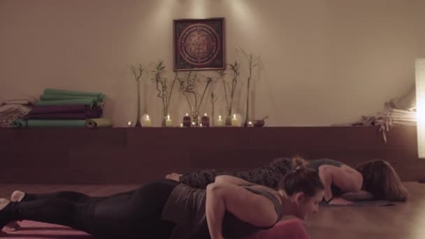 Isınma yoga egzersizleri yapan iki neşeli şişman kadın — Stok video