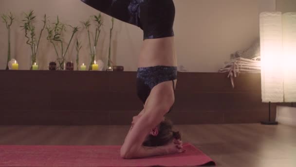 Aantrekkelijke vrouw doet shirshasana — Stockvideo