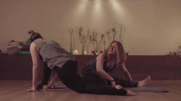 Duas mulheres alegres descansando após exercícios de ioga — Vídeo de Stock