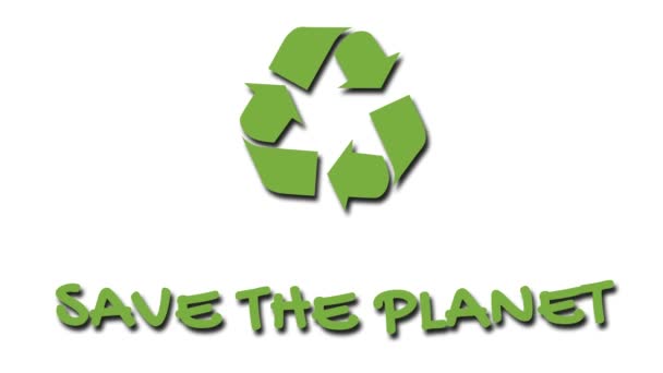 Animiertes Recycling-Logo mit "grünem" Slogan - rettet den Planeten — Stockvideo