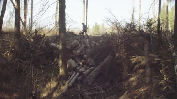 Ecologista en el lugar de la tala forestal en el mapa — Vídeo de stock