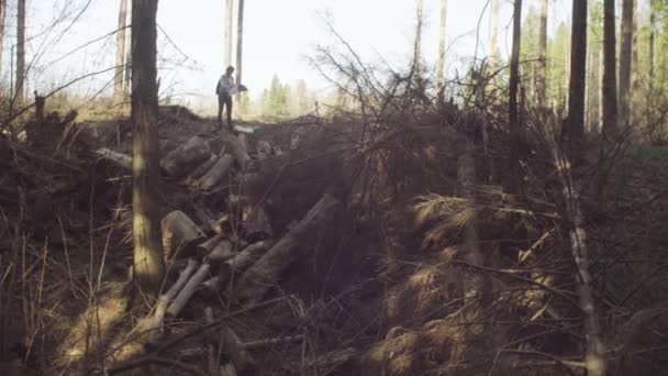 Ecologista en el lugar de la tala forestal en el mapa — Vídeo de stock