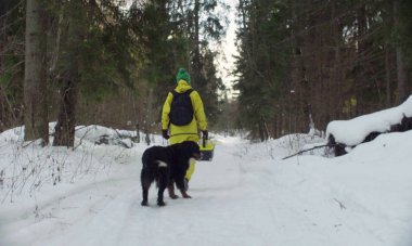 Kış ormanında yürüyen ekolojist