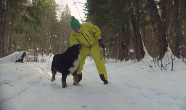 Kış ormandaki köpekle oynayan kadın