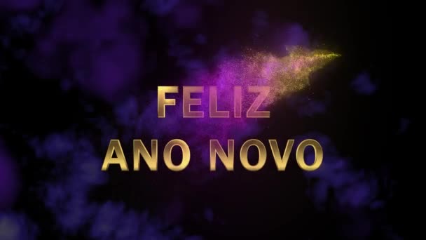 Magical sparkling particles. Appearing golden letters Feliz Ano Novo — Stock Video