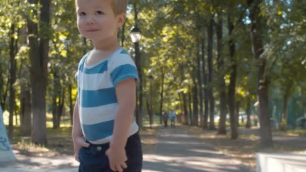 Маленький хлопчик ходить на батуті — стокове відео