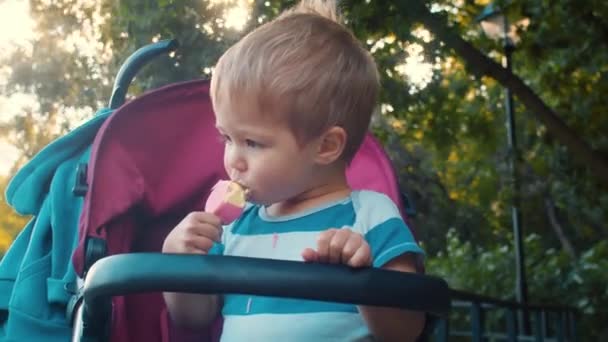 Kisgyermek fagylalttal a parkban — Stock videók