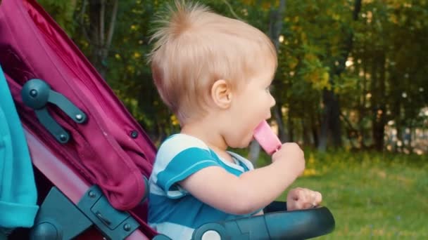 Liten unge äter glass i parken — Stockvideo