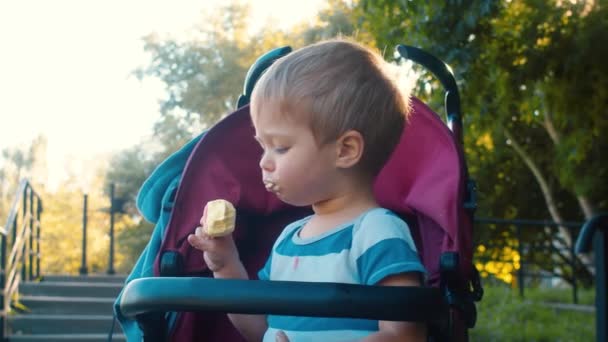 小さな男の子がアイスクリームを食べて — ストック動画