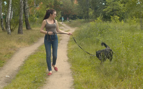 Donna gentile volontaria che cammina con un cane — Foto Stock