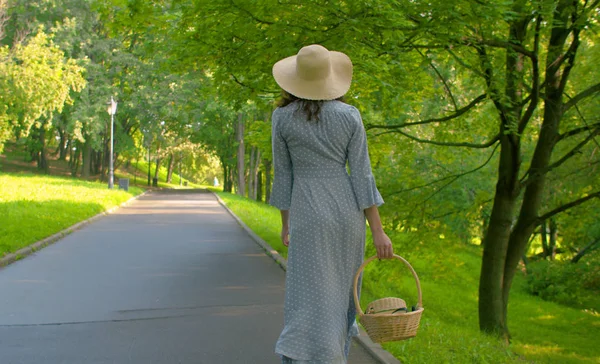 Mujer romántica caminando en el parque. Vista trasera — Foto de Stock