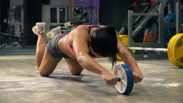 Mujer atlética haciendo ejercicios de rueda abdominales — Vídeos de Stock