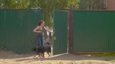 Kadın gönüllü bir yürüyüş için bir köpek ile gidiyor