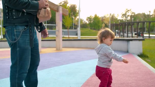 Divertido bebé camina sobre una paloma en el parque — Vídeos de Stock