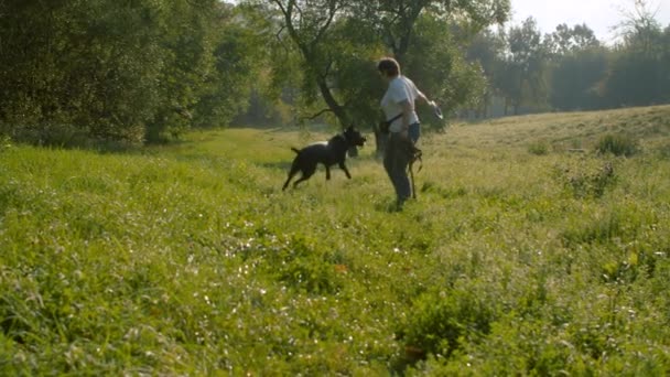 Donna che gioca con il cane pugile nero — Video Stock