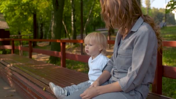 Portrait Jeune Femme Avec Bébé Assis Sur Banc Dans Parc — Video