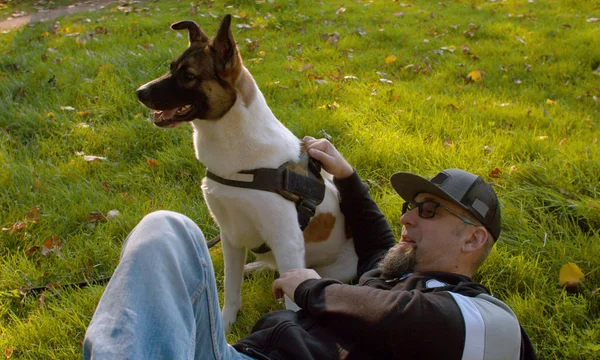 Hombre de mediana edad con el perro en el parque —  Fotos de Stock