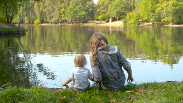 Uma jovem mãe e sua criança estão alimentando os patos em um lago — Vídeo de Stock