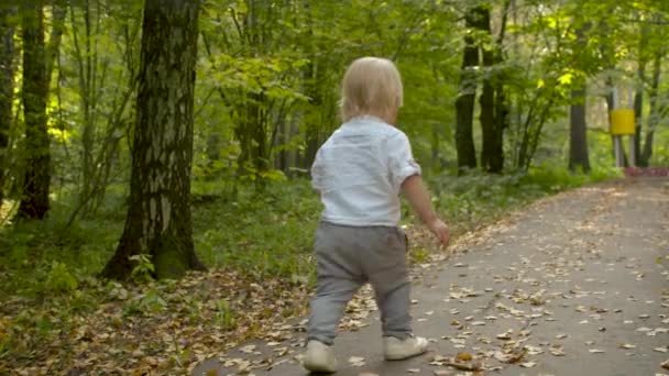 Küçük çocuk parkta yolda yürüyor. — Stok video